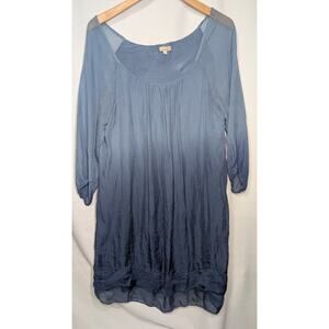 Giusy 100% Silk Ombre Blue Tunic Dress Sheer Sleeves Boho Flowing Layered Hem M‎